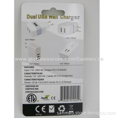 2.1A dual USB wall charger for iPhone 5/5G/4S/4GS/3GS/iPad, high-speed charging intelligenceNew